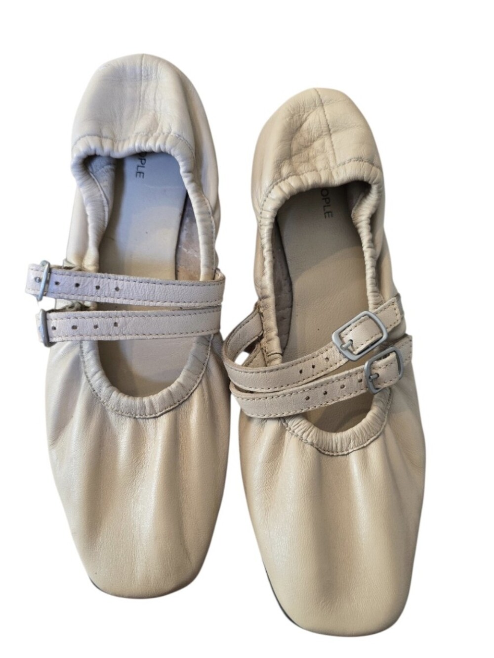Free People Cream Leather Double-Strap Ballet Flats
